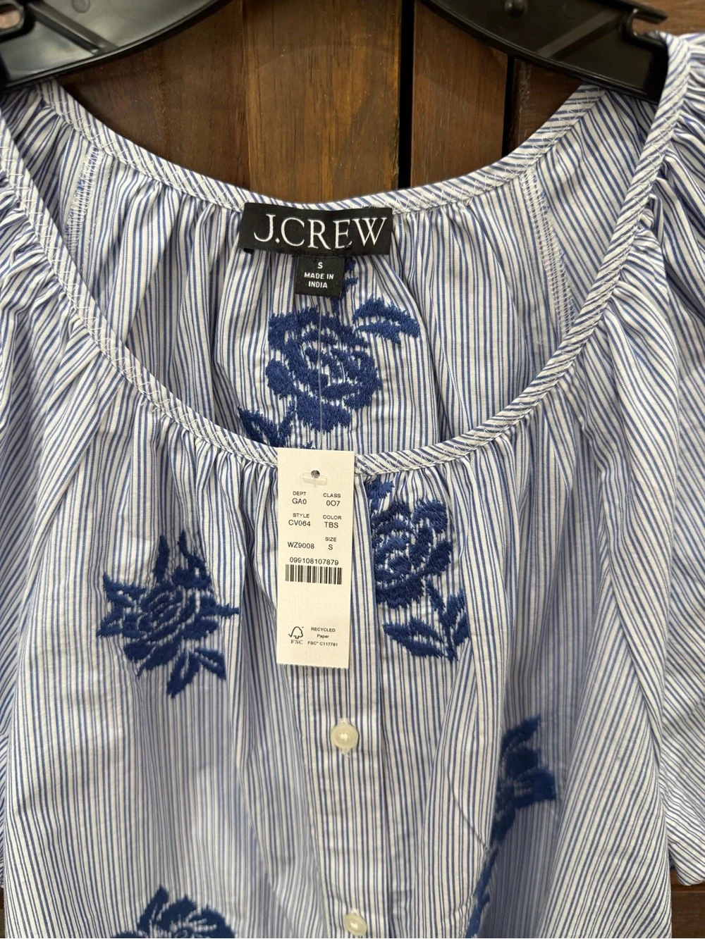 J. Crew Floral Striped Puff-Sleeve Button-up Embroidered Blouse